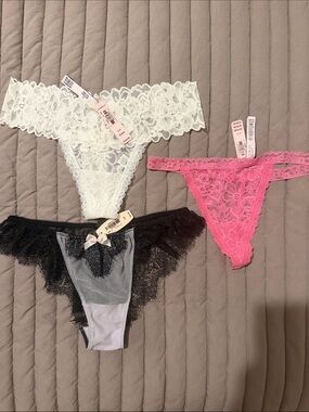 Victoria's Secret Lace Thong Set — White, Hot Pink & Black